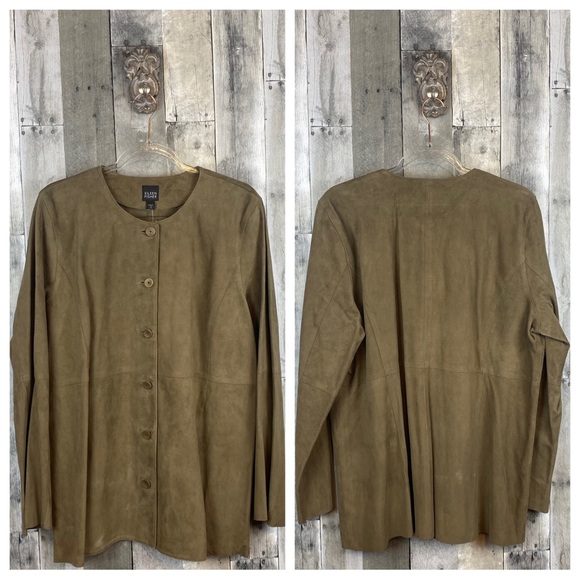 Eileen Fisher Suede Round Neck Long Jacket in Walnut Size XL New! - Picture 9 of 10